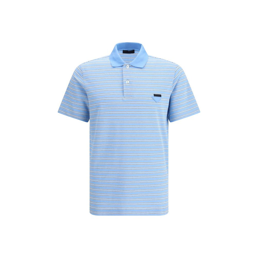 Light Blue Cotton Polo ShirtPrada’s Striped Polo Sweater combines a sporty style with the Maison’s iconic details. With a classic collar and three-button front closure, it is embellished with the unmistakable triangular patch on the front and a signature