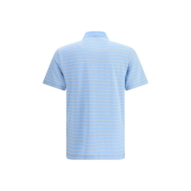 Light Blue Cotton Polo ShirtPrada’s Striped Polo Sweater combines a sporty style with the Maison’s iconic details. With a classic collar and three-button front closure, it is embellished with the unmistakable triangular patch on the front and a signature