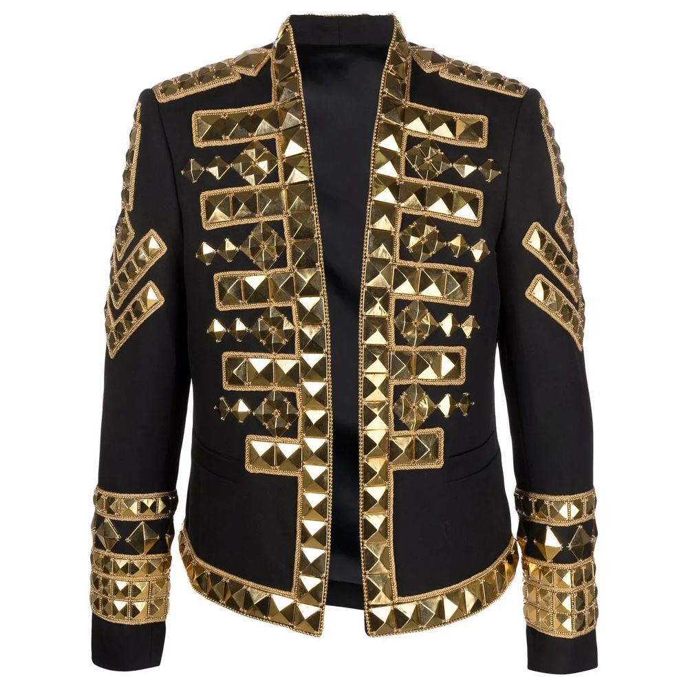 Black Acetate Men's BlazerMake a powerful statement with this exquisitely structured Balmain black blazer. Its gold-tone stud embellishments inject a dose of fearless attitude into your wardrobe, while the sharp, tailored cut ensures an impeccable silhoue
