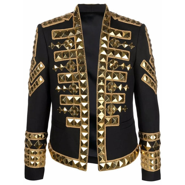 Black Acetate Men's BlazerMake a powerful statement with this exquisitely structured Balmain black blazer. Its gold-tone stud embellishments inject a dose of fearless attitude into your wardrobe, while the sharp, tailored cut ensures an impeccable silhoue