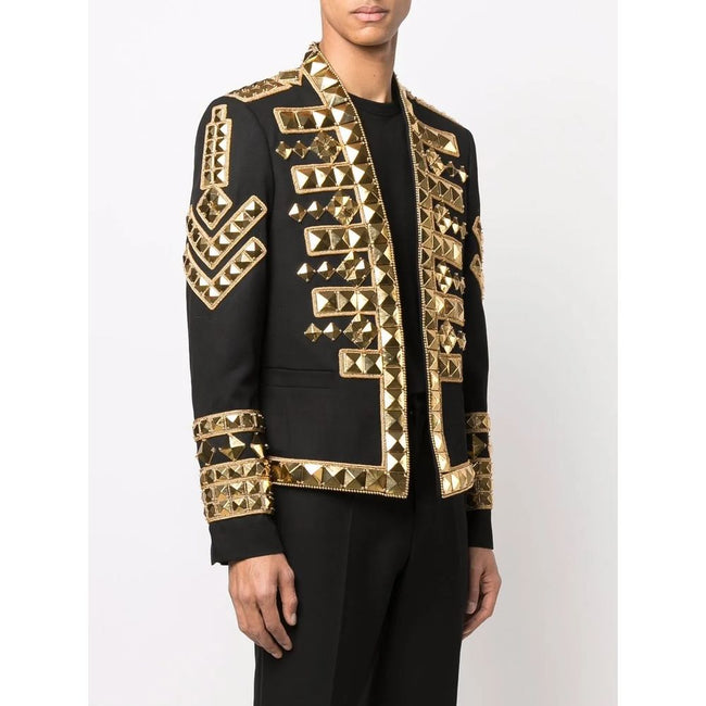 Black Acetate Men's BlazerMake a powerful statement with this exquisitely structured Balmain black blazer. Its gold-tone stud embellishments inject a dose of fearless attitude into your wardrobe, while the sharp, tailored cut ensures an impeccable silhoue