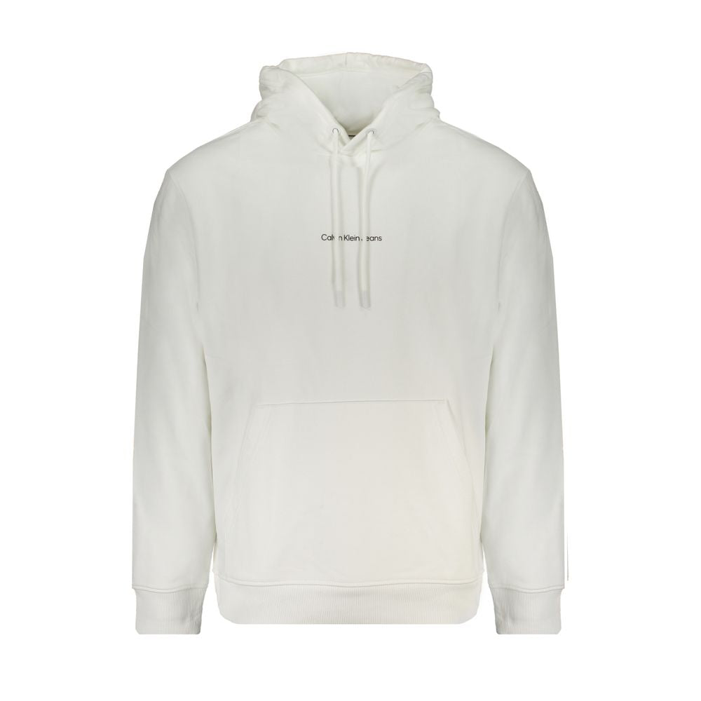 White Cotton Men Sweater with HoodElevate your wardrobe with the unmistakable style of Calvin Klein. This pristine white hooded sweatshirt promises to keep you both comfortable and on-trend. Crafted from 95% regenerative cotton, it features a brushed inte