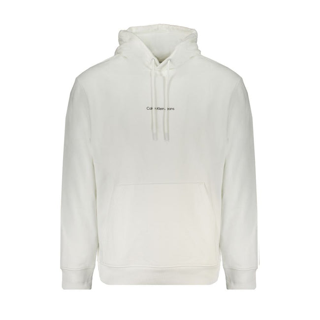 White Cotton Men Sweater with HoodElevate your wardrobe with the unmistakable style of Calvin Klein. This pristine white hooded sweatshirt promises to keep you both comfortable and on-trend. Crafted from 95% regenerative cotton, it features a brushed inte