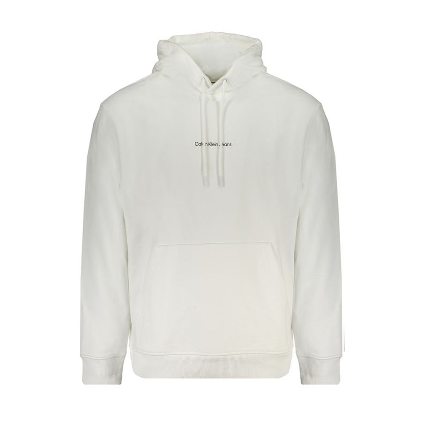 White Cotton Men Sweater with HoodElevate your wardrobe with the unmistakable style of Calvin Klein. This pristine white hooded sweatshirt promises to keep you both comfortable and on-trend. Crafted from 95% regenerative cotton, it features a brushed inte