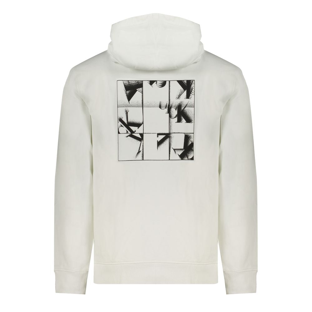 White Cotton Men Sweater with HoodElevate your wardrobe with the unmistakable style of Calvin Klein. This pristine white hooded sweatshirt promises to keep you both comfortable and on-trend. Crafted from 95% regenerative cotton, it features a brushed inte