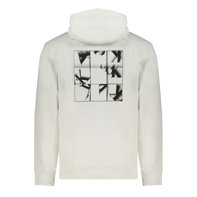 White Cotton Men Sweater with HoodElevate your wardrobe with the unmistakable style of Calvin Klein. This pristine white hooded sweatshirt promises to keep you both comfortable and on-trend. Crafted from 95% regenerative cotton, it features a brushed inte