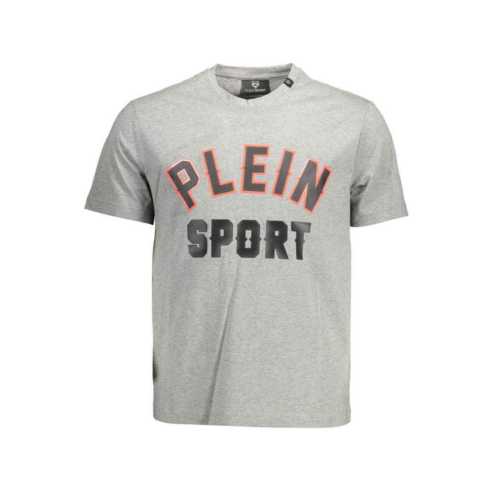 Gray Cotton Men T-ShirtElevate your casual gear with the unmistakable edge of Plein Sport. This short-sleeve t-shirt, crafted from 100% premium cotton, delivers an impeccable fusion of comfort and style. Its classic crew neck cut is complemented by contra