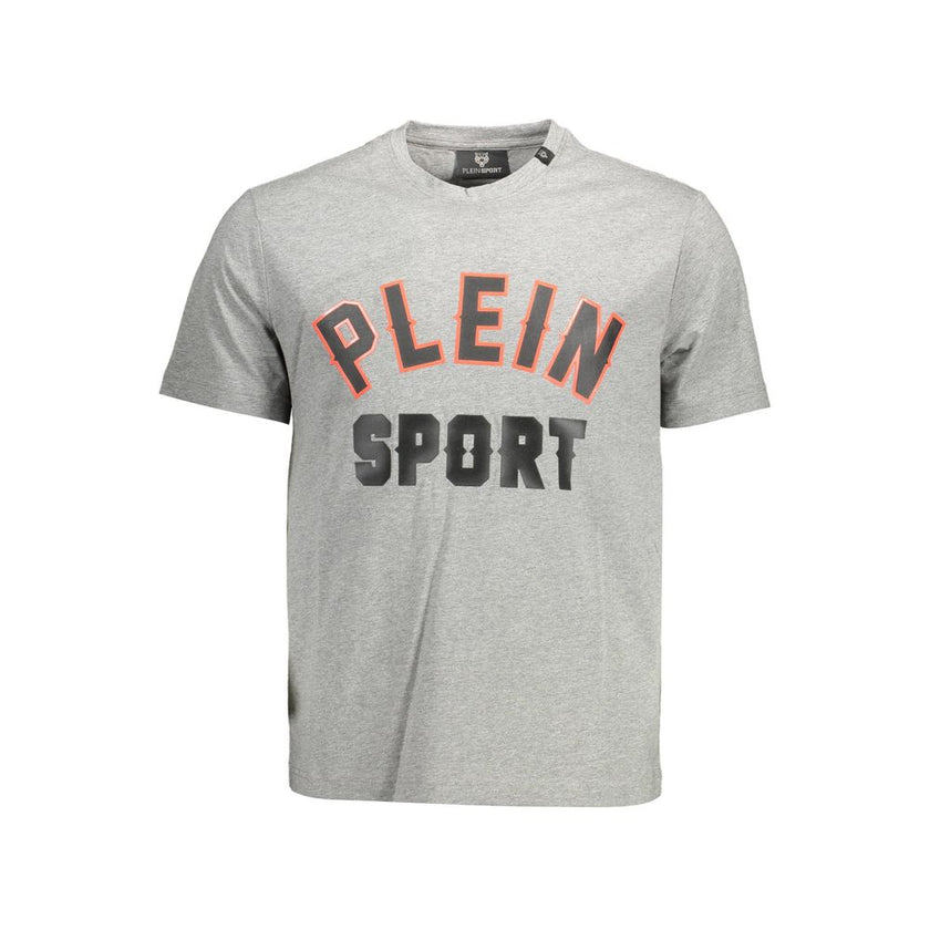 Gray Cotton Men T-ShirtElevate your casual gear with the unmistakable edge of Plein Sport. This short-sleeve t-shirt, crafted from 100% premium cotton, delivers an impeccable fusion of comfort and style. Its classic crew neck cut is complemented by contra