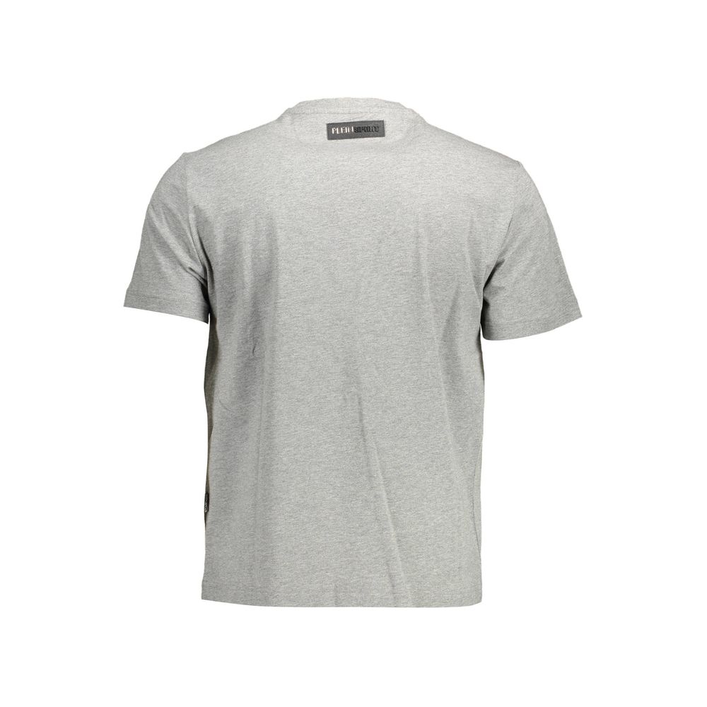 Gray Cotton Men T-ShirtElevate your casual gear with the unmistakable edge of Plein Sport. This short-sleeve t-shirt, crafted from 100% premium cotton, delivers an impeccable fusion of comfort and style. Its classic crew neck cut is complemented by contra
