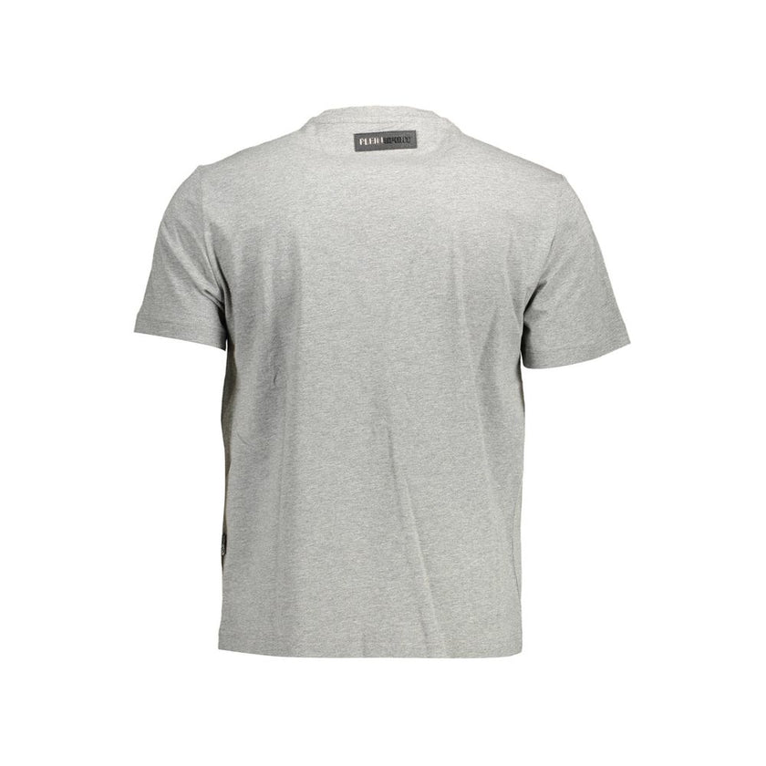 Gray Cotton Men T-ShirtElevate your casual gear with the unmistakable edge of Plein Sport. This short-sleeve t-shirt, crafted from 100% premium cotton, delivers an impeccable fusion of comfort and style. Its classic crew neck cut is complemented by contra
