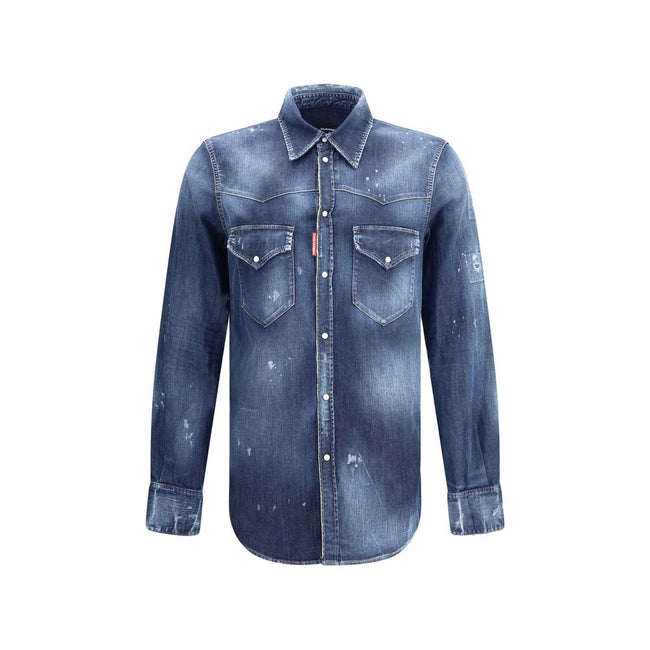 Blue Denim ShirtDsquared2’s Fashion Western shirt combines classic Western style with an urban, lived-in aesthetic. Made of cotton denim with a vintage worn-effect design, it features a classic collar, front button closure and adjustable button cuffs. The