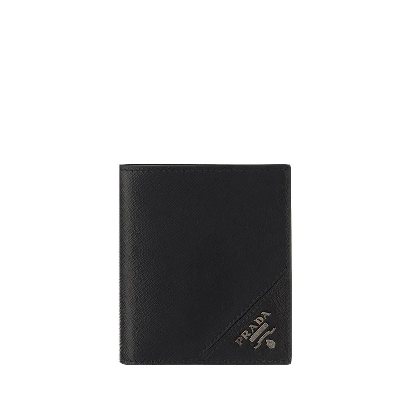 Black Calf Leather Bos Taurus WalletPrada’s Leather Wallet combines elegance and functionality in a refined billfold design. The front features a metal plaque with the iconic logo, while the interior is organized with card slots, two open pockets and a to