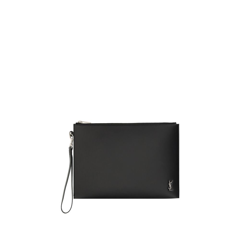 Black Calf Leather Bos Taurus FalseLeather iPad Holder by Saint Laurent, top zipper closure, internal card slot with brand logo inside, embossed brand logo on front, removable external strap. Season: AW25 Dimension: 30x30x1 Composition: 100% Calf Leather