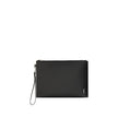 Black Calf Leather Bos Taurus FalseLeather iPad Holder by Saint Laurent, top zipper closure, internal card slot with brand logo inside, embossed brand logo on front, removable external strap. Season: AW25 Dimension: 30x30x1 Composition: 100% Calf Leather