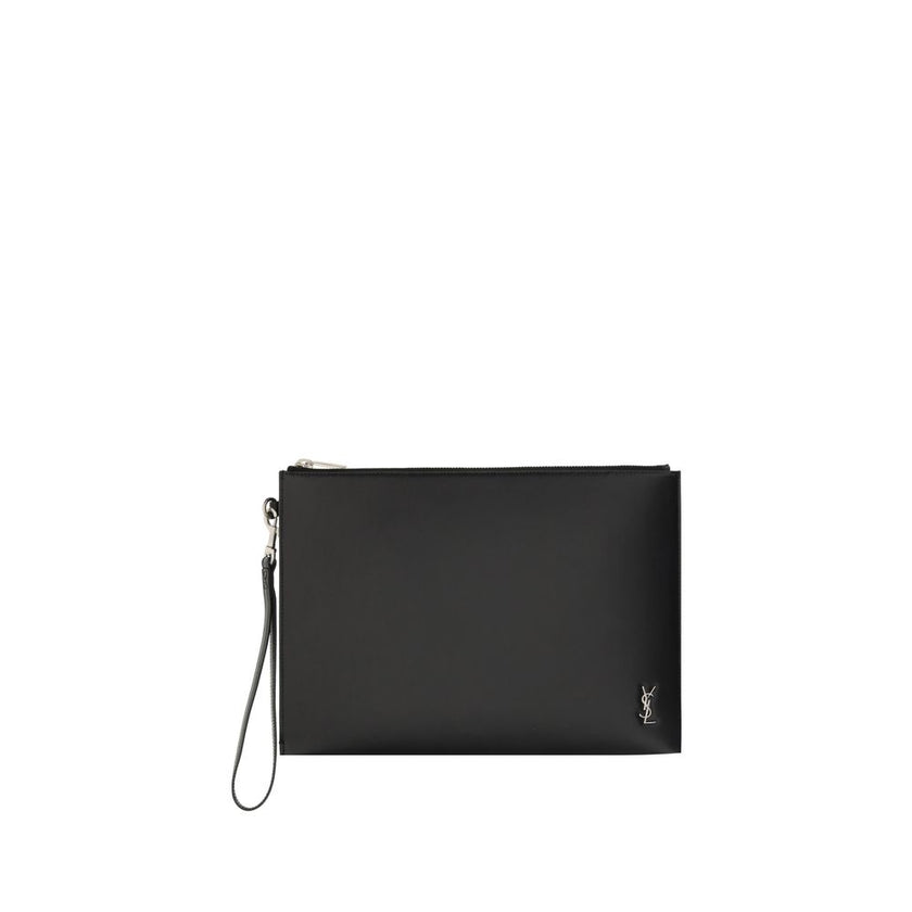 Black Calf Leather Bos Taurus FalseLeather iPad Holder by Saint Laurent, top zipper closure, internal card slot with brand logo inside, embossed brand logo on front, removable external strap. Season: AW25 Dimension: 30x30x1 Composition: 100% Calf Leather