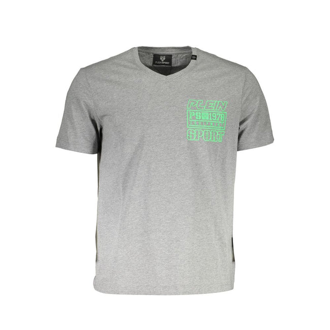 Gray Cotton Men T-ShirtIndulge in the edgy opulence of Plein Sport with this must-have gray t-shirt, a piece that transcends mere fashion. Its sharp V-neckline and bold print evoke a sense of rebellion while proudly brandishing the iconic Plein Sport logo