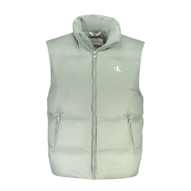 Green Polyamide Men JacketElevate your wardrobe with the Calvin Klein sleeveless jacket, meticulously crafted for the modern go-getter. This piece is not just about style, but also sustainability, with its 95% recycled polyester construction. Outfitted wi