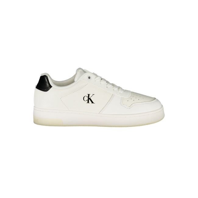 White Leather Women SneakerElevate your sneaker game with these effortlessly chic Calvin Klein sports shoes, designed for the fashion-forward individual. With striking black contrasts that pop against a pristine white background, these sneakers boast a re