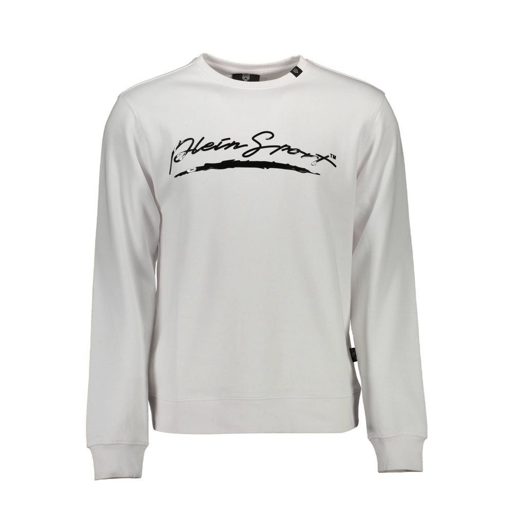 White Cotton Men SweaterUnleash your bold style with the Plein Sport exquisite sweatshirt, crafted for those who dare to stand out. This stunning white long sleeve crew neck features the iconic Plein Sport logo emblazoned across the chest, complemented by
