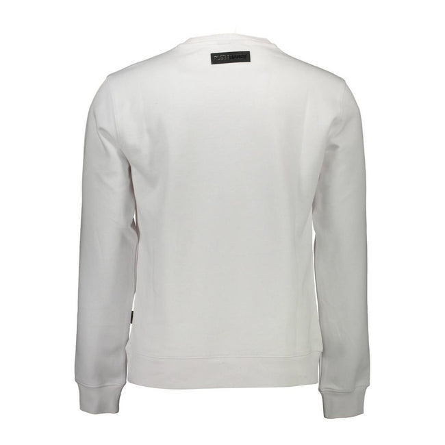 White Cotton Men SweaterUnleash your bold style with the Plein Sport exquisite sweatshirt, crafted for those who dare to stand out. This stunning white long sleeve crew neck features the iconic Plein Sport logo emblazoned across the chest, complemented by