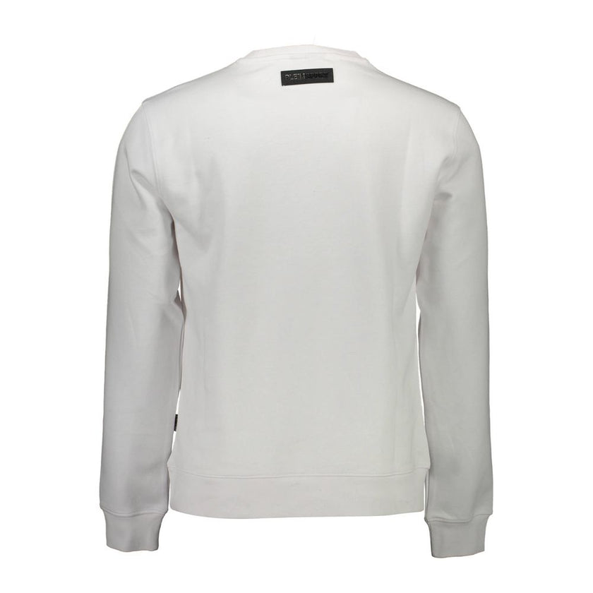 White Cotton Men SweaterUnleash your bold style with the Plein Sport exquisite sweatshirt, crafted for those who dare to stand out. This stunning white long sleeve crew neck features the iconic Plein Sport logo emblazoned across the chest, complemented by
