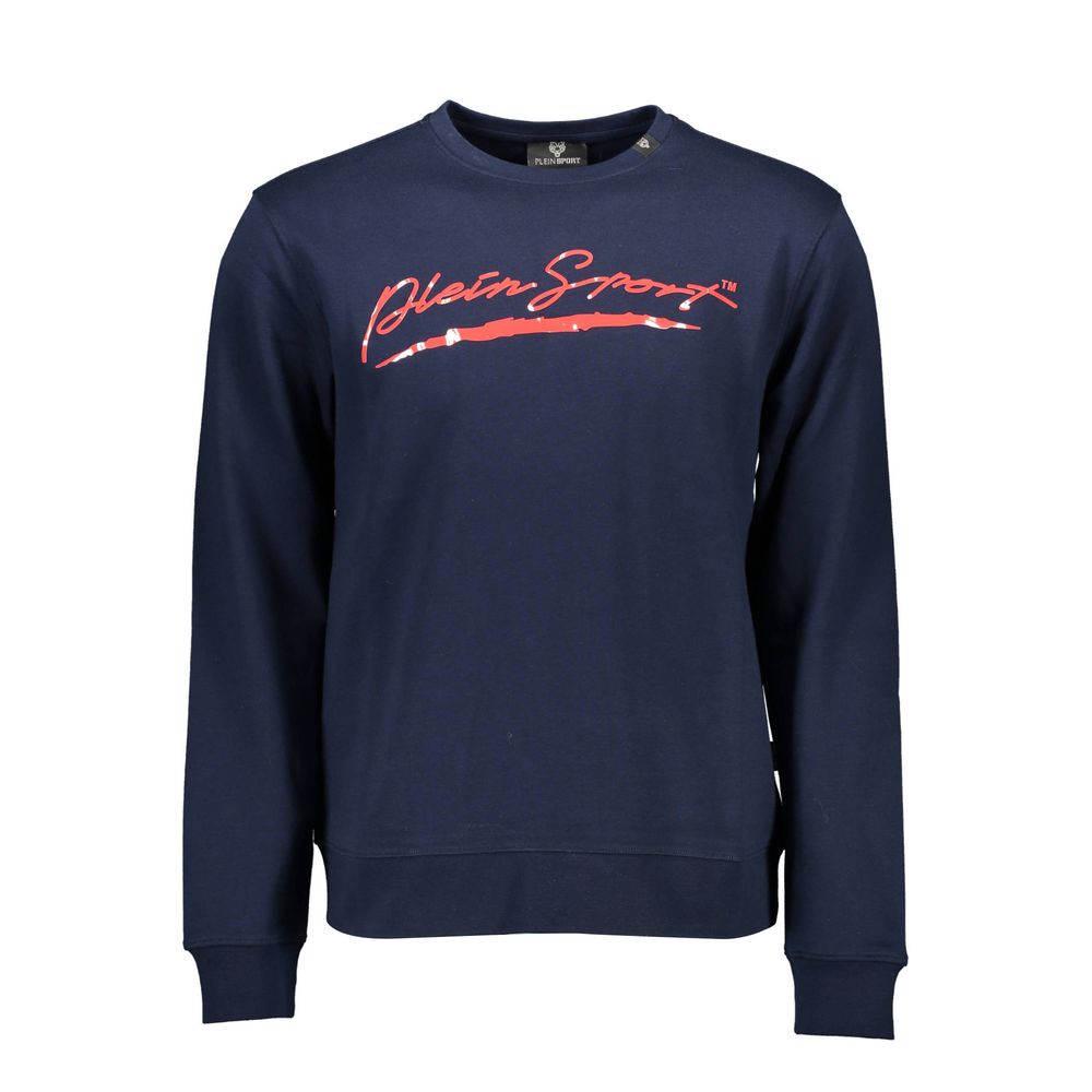 Blue Cotton Men SweaterElevate your athleisure with this bold Plein Sport sweatshirt, where comfort meets luxury in every stitch. Its crew neck and long sleeves bear the unmistakable energy of the brand’s logo and dynamic print, proving that casual doesn’