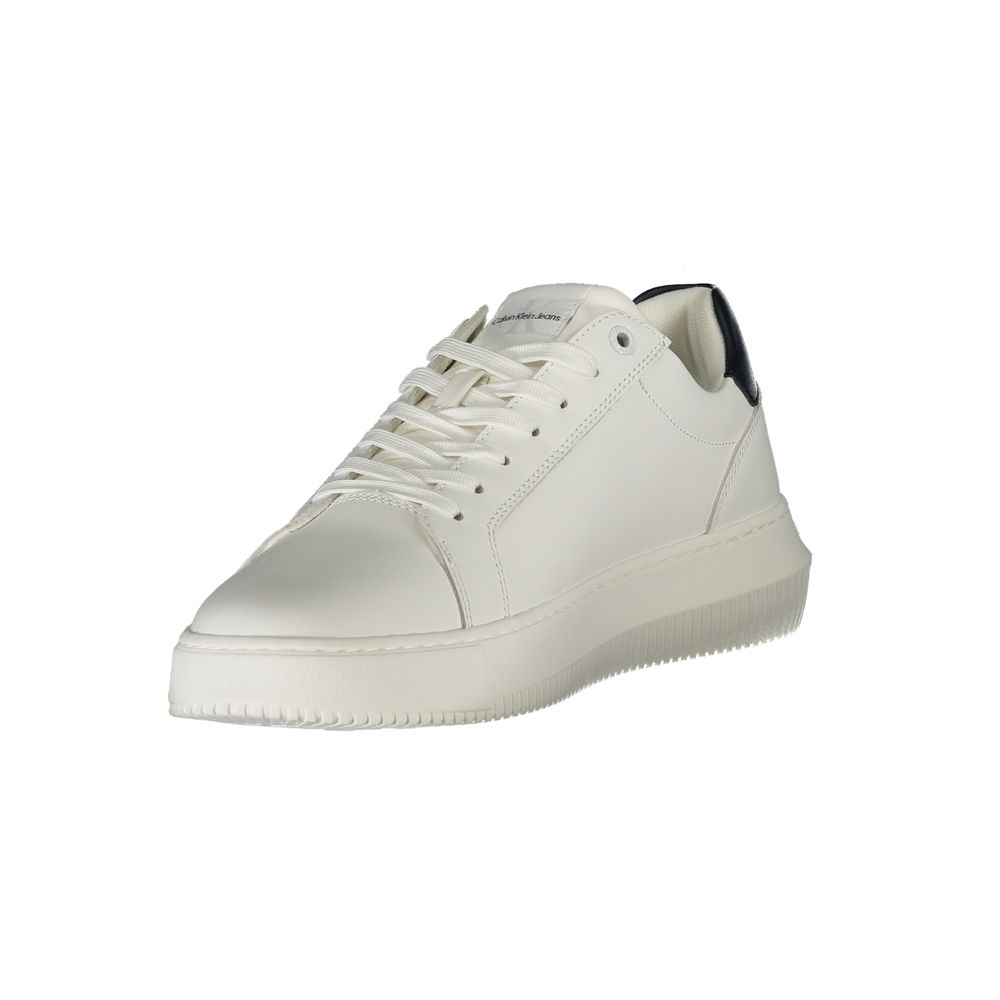 White Leather Men SneakerElevate your sneaker game with the cutting-edge style of Calvin Klein’s latest offering. These sports shoes come laced with bold, contrasting black details that capture the essence of urban chic. Featuring a removable insole for u