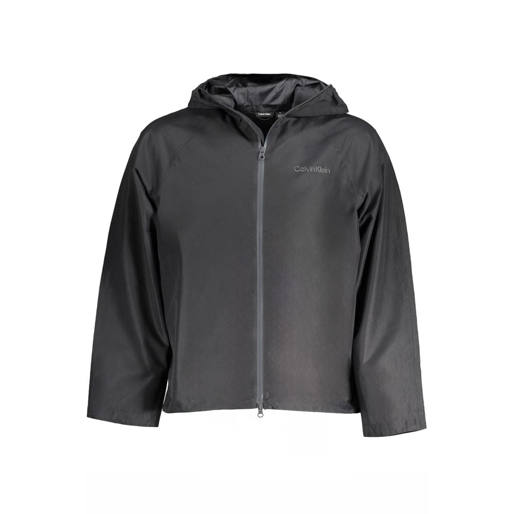 Black Polyester Men's JacketUnleash the epitome of contemporary cool with this sleek Calvin Klein sports jacket. Designed for the modern man about town, this black hooded jacket with long sleeves offers both style and substance. Crafted from high-quality