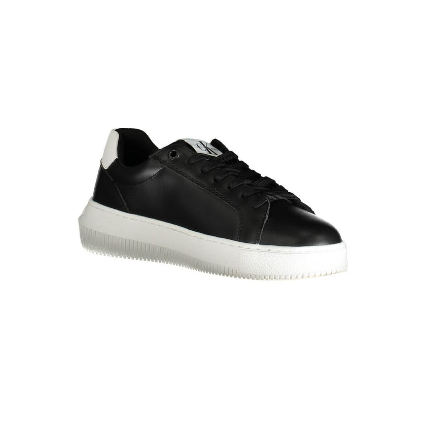 Black Polyester Women SneakerStep into the urban jungle with flair in these Calvin Klein sneakers. Crafted for the daring fashionista, they blend bold design with sustainability. Featuring a dynamic mix of contrasting details and the iconic logo print, th