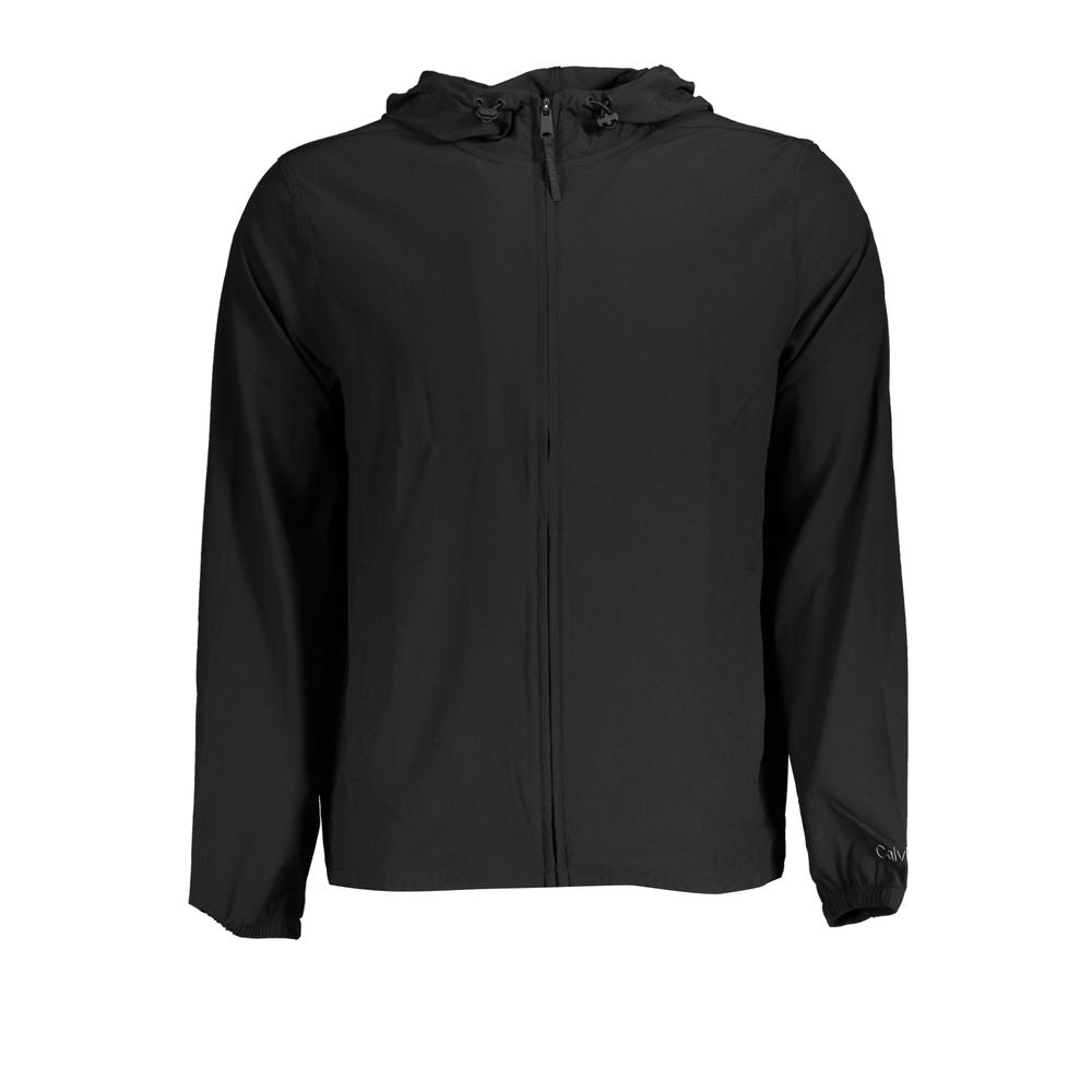 Black Polyester Men's Sport JacketElevate your active wardrobe with the sleek sophistication of Calvin Klein’s Sports Jacket. Tailored for the modern trendsetter, this jacket combines functionality with high fashion. The hooded design, dual-pocket conveni
