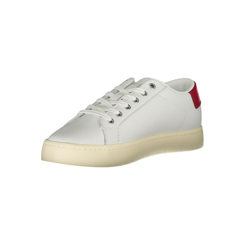 Eco-Conscious White Lace-up SneakersStep into sustainable style with these eco-conscious sneakers by Calvin Klein, designed with both the planet and your wardrobe in mind. Featuring a sleek white palette accented by contrast details and the distinctive br