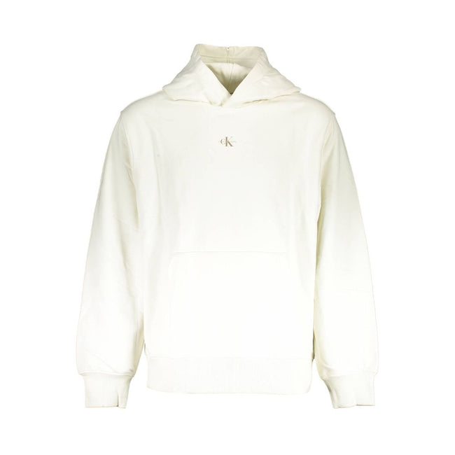 White Cotton Men SweaterElevate your casual wardrobe with the effortless sophistication of a Calvin Klein hoodie. This pristine white sweatshirt boasts long sleeves, a cozy hood, and a central pocket for your essentials. The bold Calvin Klein logo print m