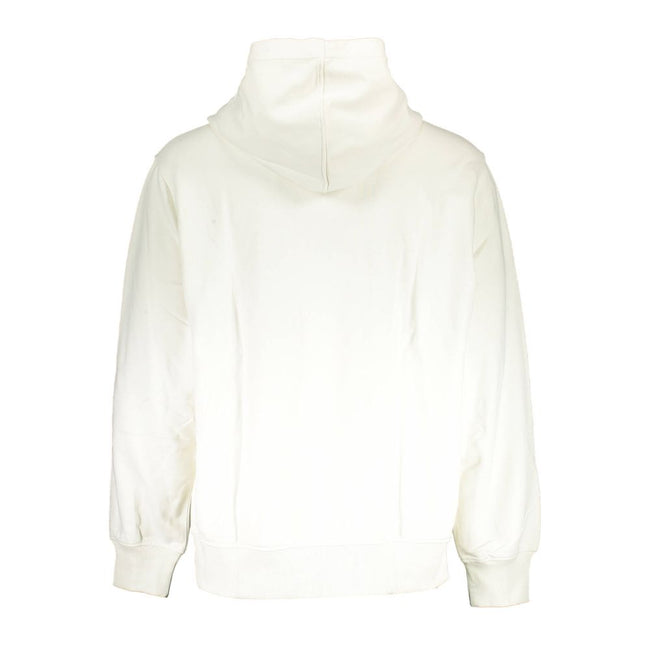 White Cotton Men SweaterElevate your casual wardrobe with the effortless sophistication of a Calvin Klein hoodie. This pristine white sweatshirt boasts long sleeves, a cozy hood, and a central pocket for your essentials. The bold Calvin Klein logo print m