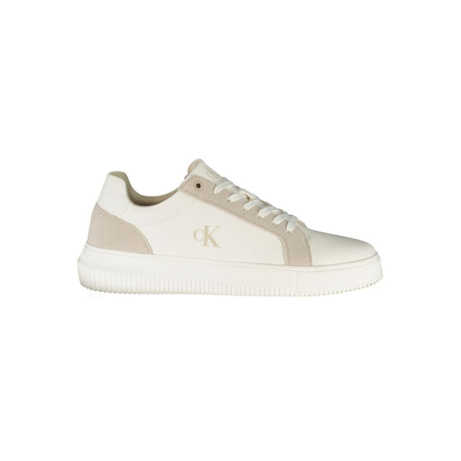 White Leather Men SneakerElevate your stride with the sleek sophistication of Calvin Klein’s latest sneaker creation. Seamlessly blending functionality with high-fashion, this sporty shoe dazzles with its sharp contrasting grey details and the unmistakabl