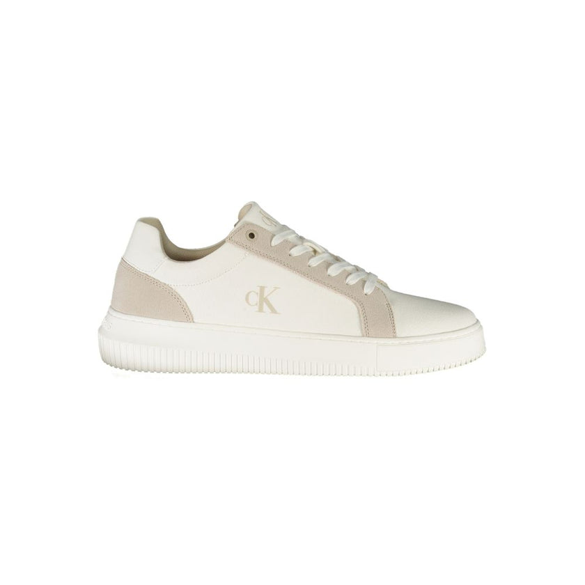 White Leather Men SneakerElevate your stride with the sleek sophistication of Calvin Klein’s latest sneaker creation. Seamlessly blending functionality with high-fashion, this sporty shoe dazzles with its sharp contrasting grey details and the unmistakabl