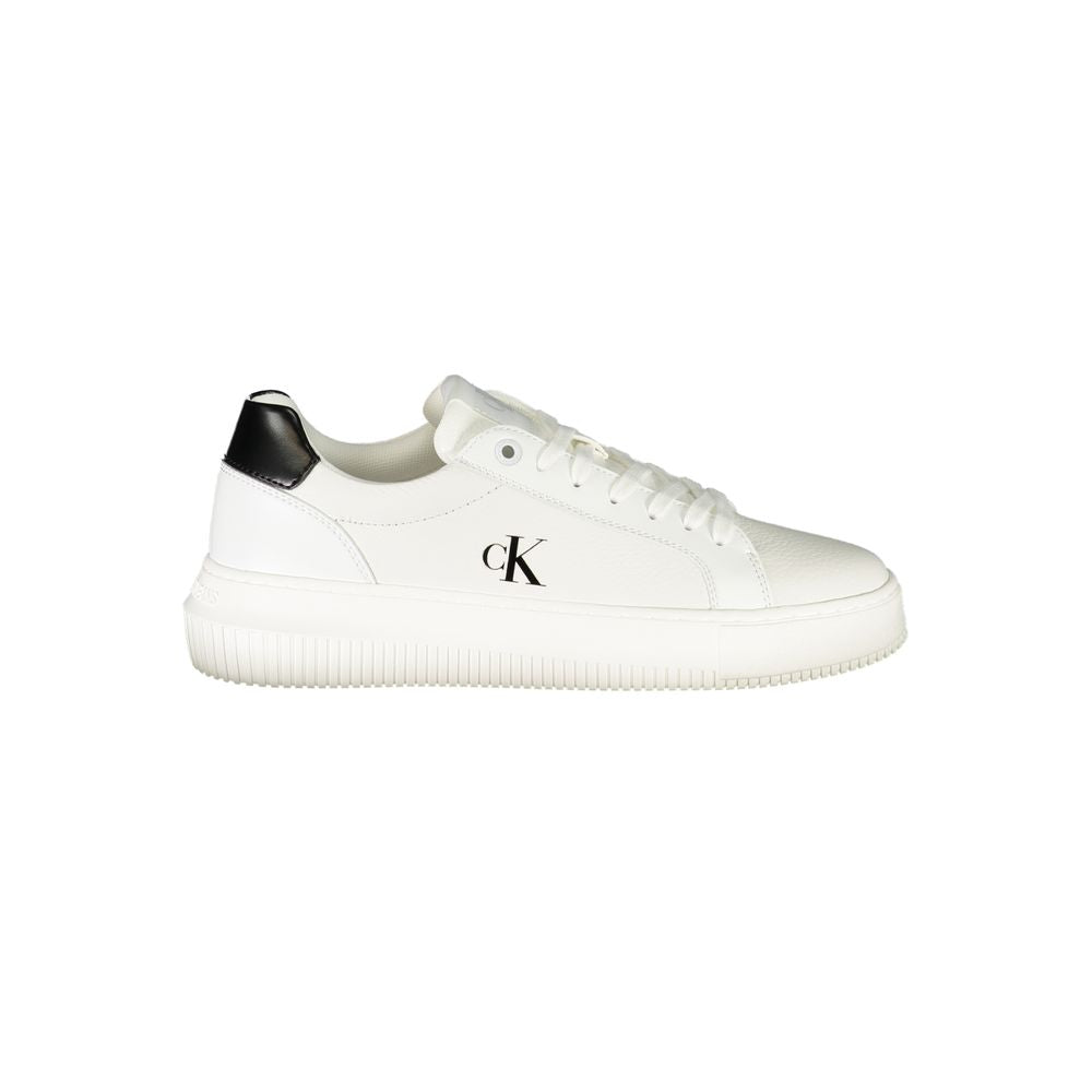 White Leather Women SneakerElevate your sneaker game with these chic Calvin Klein sports shoes, boasting a crisp white palette complemented by striking black contrasting details. Crafted for the style-conscious, these lace-ups feature a removable footbed,