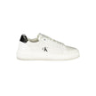 White Leather Women SneakerElevate your sneaker game with these chic Calvin Klein sports shoes, boasting a crisp white palette complemented by striking black contrasting details. Crafted for the style-conscious, these lace-ups feature a removable footbed,