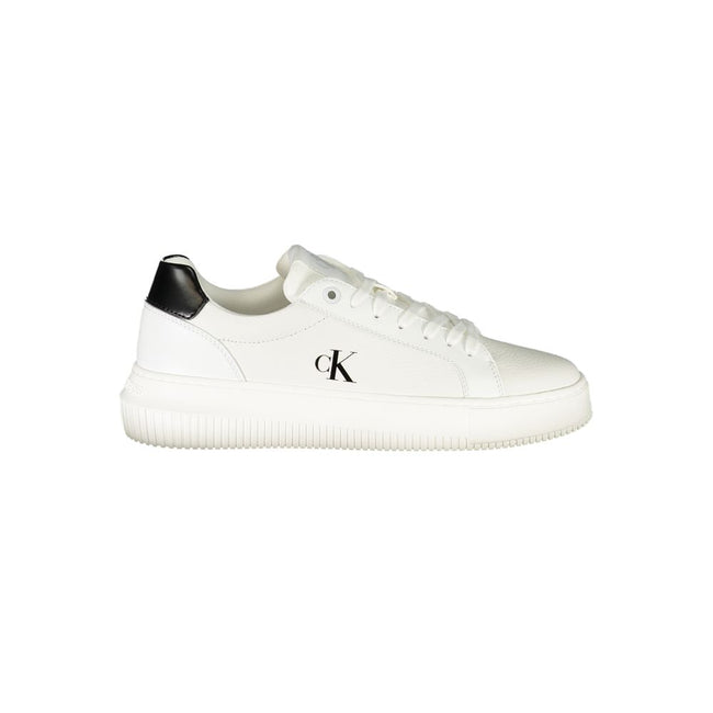 White Leather Women SneakerElevate your sneaker game with these chic Calvin Klein sports shoes, boasting a crisp white palette complemented by striking black contrasting details. Crafted for the style-conscious, these lace-ups feature a removable footbed,
