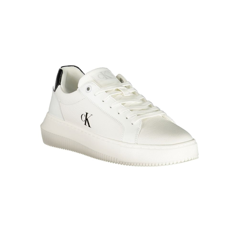 White Leather Women SneakerElevate your sneaker game with these chic Calvin Klein sports shoes, boasting a crisp white palette complemented by striking black contrasting details. Crafted for the style-conscious, these lace-ups feature a removable footbed,