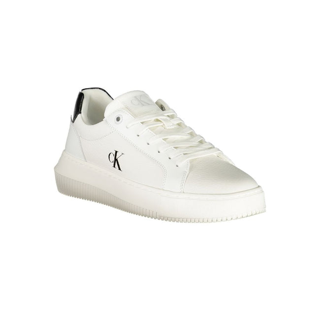 White Leather Women SneakerElevate your sneaker game with these chic Calvin Klein sports shoes, boasting a crisp white palette complemented by striking black contrasting details. Crafted for the style-conscious, these lace-ups feature a removable footbed,