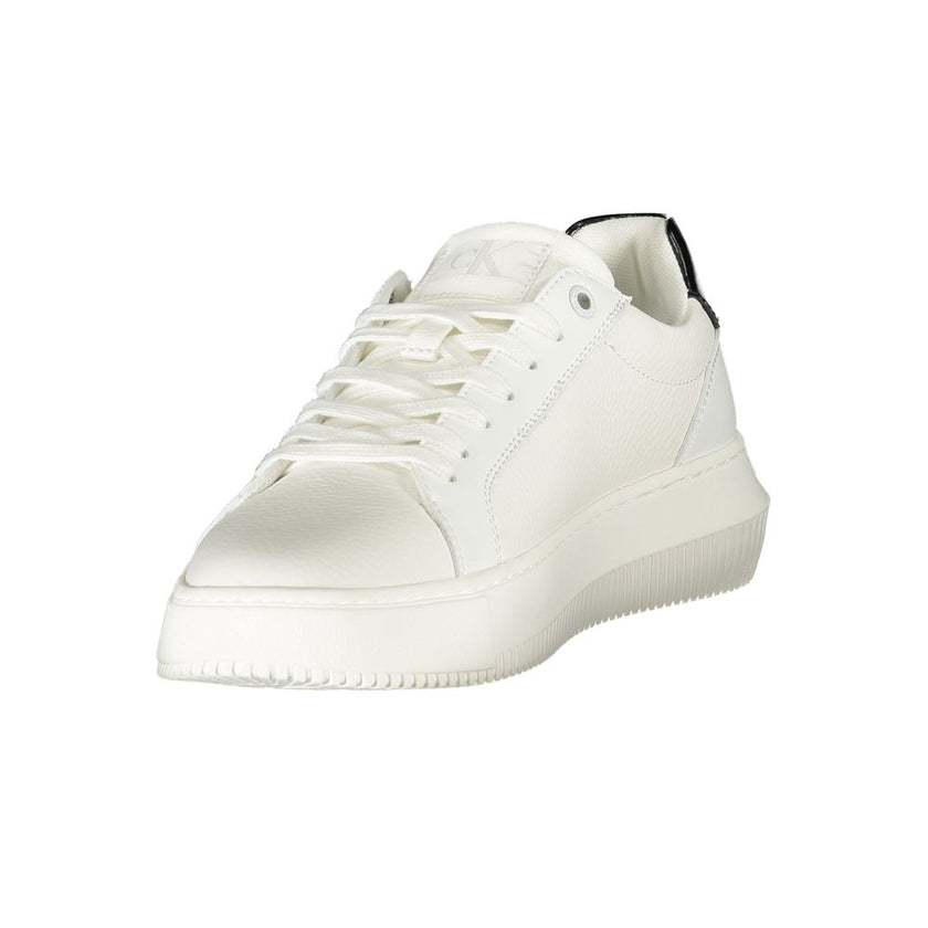 White Leather Women SneakerElevate your sneaker game with these chic Calvin Klein sports shoes, boasting a crisp white palette complemented by striking black contrasting details. Crafted for the style-conscious, these lace-ups feature a removable footbed,