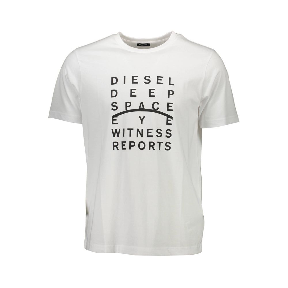 White Cotton Men T-ShirtUnleash your inner rebel with this bold Diesel tee. A quintessential addition to any style-savvy wardrobe, this white t-shirt, with its sharp print and iconic Diesel logo, makes a statement without saying a word. Crafted for both c