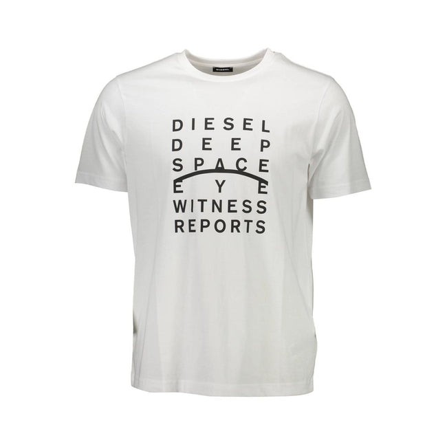 White Cotton Men T-ShirtUnleash your inner rebel with this bold Diesel tee. A quintessential addition to any style-savvy wardrobe, this white t-shirt, with its sharp print and iconic Diesel logo, makes a statement without saying a word. Crafted for both c
