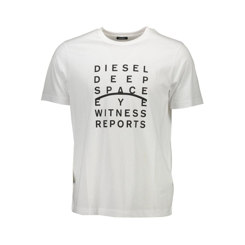 White Cotton Men T-ShirtUnleash your inner rebel with this bold Diesel tee. A quintessential addition to any style-savvy wardrobe, this white t-shirt, with its sharp print and iconic Diesel logo, makes a statement without saying a word. Crafted for both c