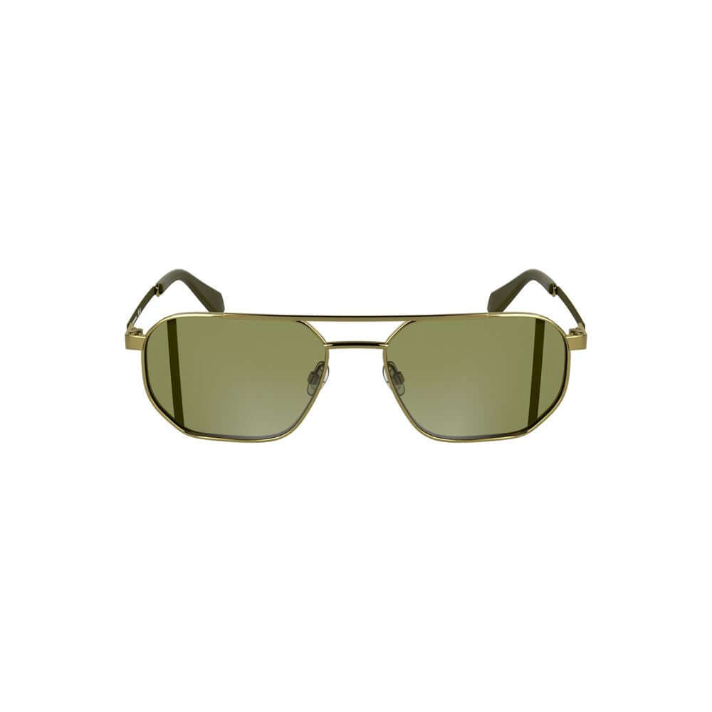 Gold Metal Men SunglassElevate your style quotient with these sophisticated Calvin Klein sunglasses, crafted for the modern connoisseur. The sleek metal frame holds the enigmatic square green lenses, designed to capture attention while offering protection