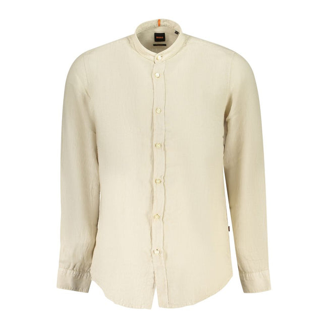 Beige Linen Men ShirtElevate your wardrobe with the epitome of sophistication – the Hugo Boss Long Sleeve Shirt. Tailored to perfection, this regular fit shirt features a unique mandarin collar and sleek 1-button cuffs, ideal for the modern trendsetter. I