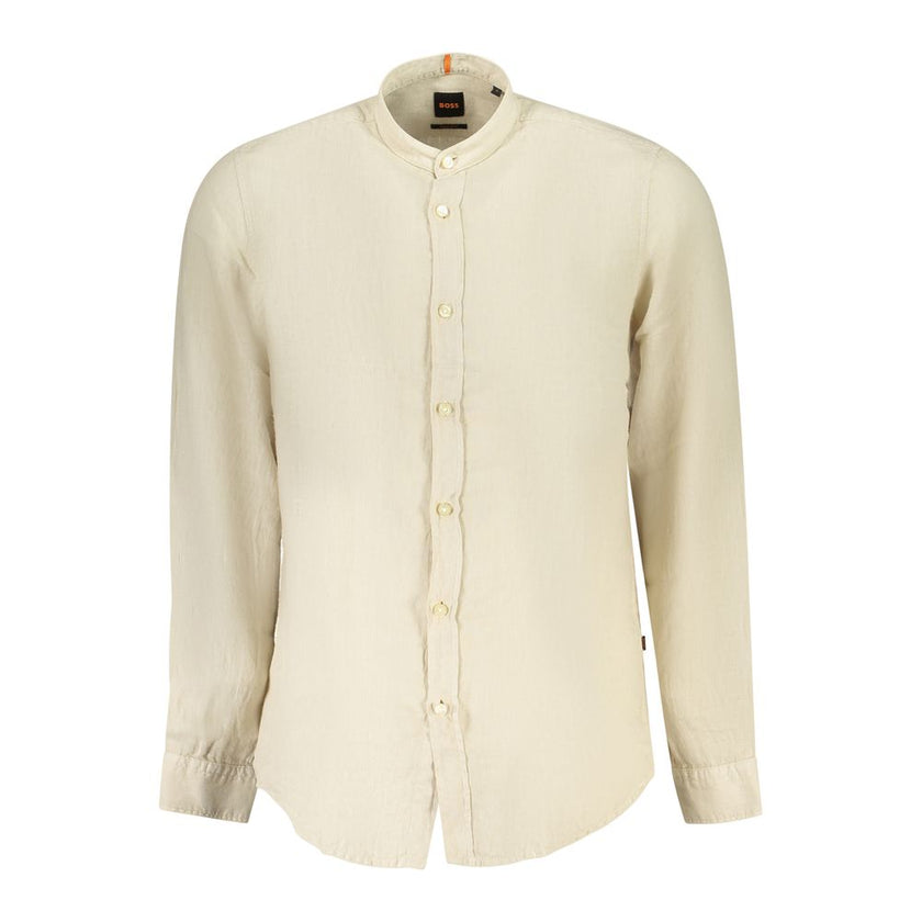 Beige Linen Men ShirtElevate your wardrobe with the epitome of sophistication – the Hugo Boss Long Sleeve Shirt. Tailored to perfection, this regular fit shirt features a unique mandarin collar and sleek 1-button cuffs, ideal for the modern trendsetter. I