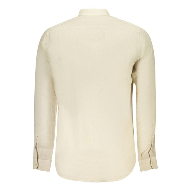 Beige Linen Men ShirtElevate your wardrobe with the epitome of sophistication – the Hugo Boss Long Sleeve Shirt. Tailored to perfection, this regular fit shirt features a unique mandarin collar and sleek 1-button cuffs, ideal for the modern trendsetter. I