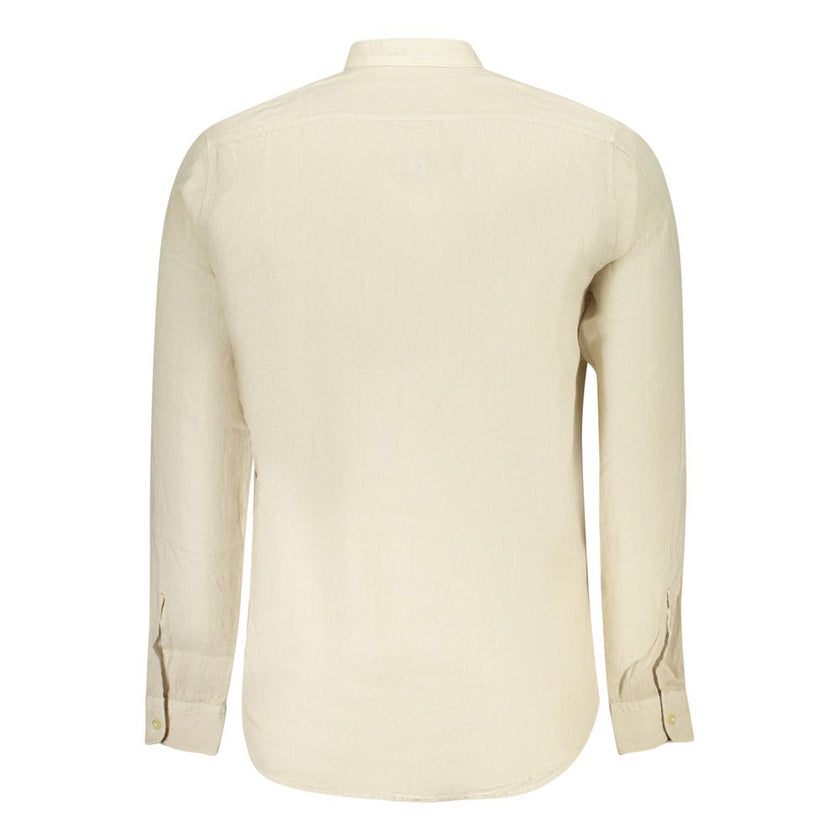 Beige Linen Men ShirtElevate your wardrobe with the epitome of sophistication – the Hugo Boss Long Sleeve Shirt. Tailored to perfection, this regular fit shirt features a unique mandarin collar and sleek 1-button cuffs, ideal for the modern trendsetter. I