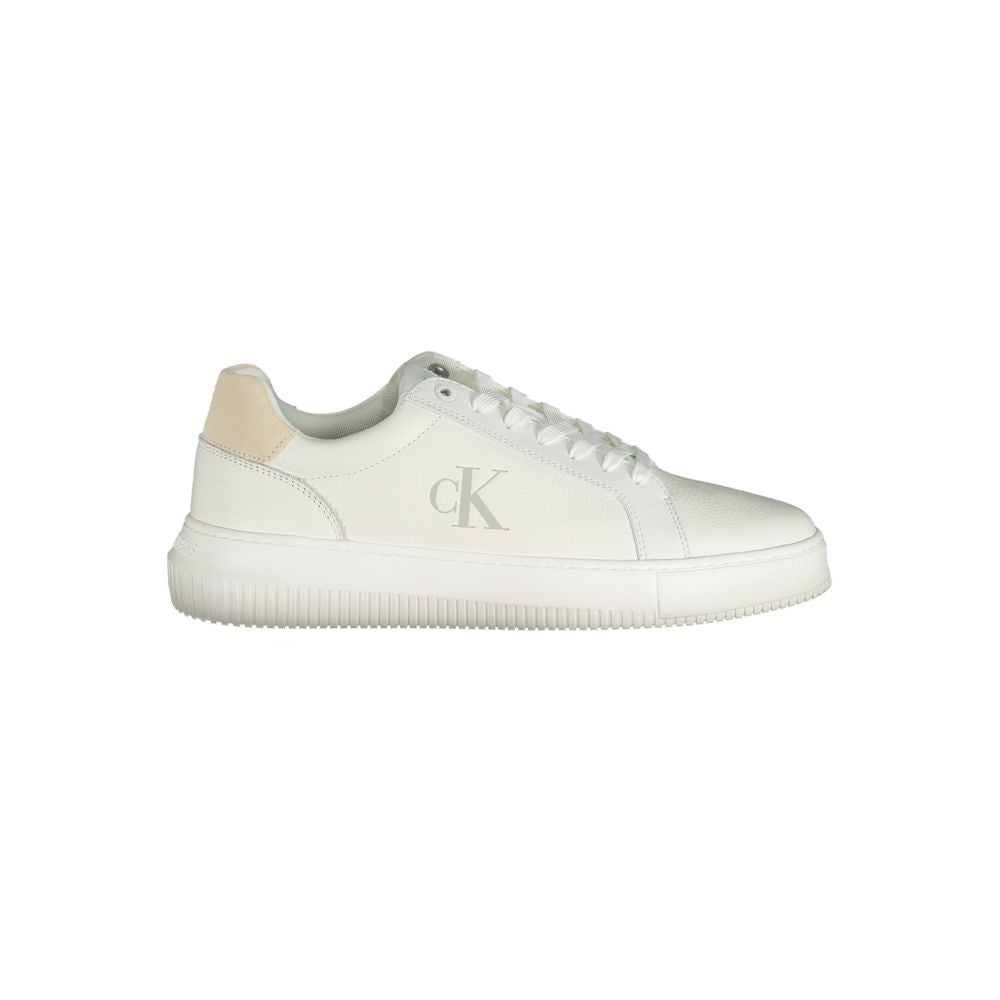 White Polyethylene Men SneakerElevate your sneaker game with the latest offering from Calvin Klein. These sleek kicks are a symphony of style and comfort, featuring a crisp white palette complemented by bold contrasting details. Every step feels personali